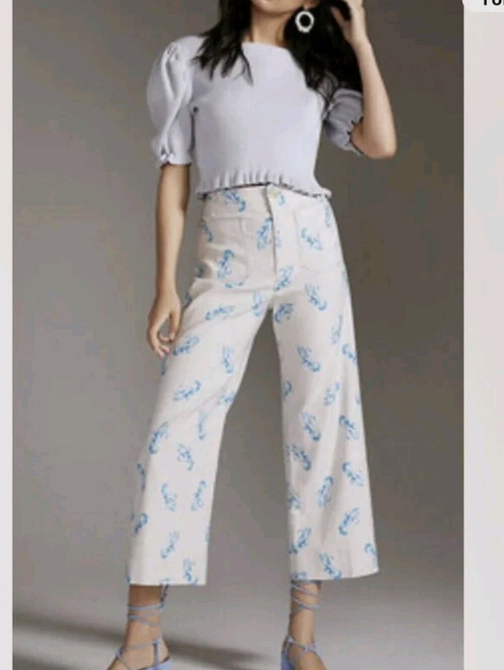 Maeve Anthropologie COLETTE Blue Lobster Off White Cropped Wide-Leg Size 25